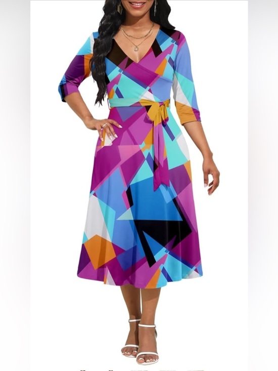Dresses & Skirts - New-Small Vibrant Geometric Wrap Midi Dress - Multi colored
NO BELT INCLUDED